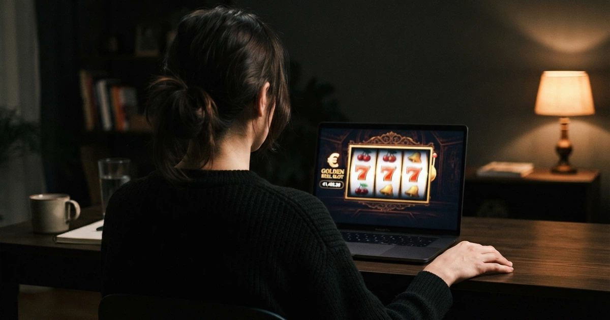 Un joueur consultant une offre de free spins sur l'écran d'un ordinateur, une machine à sous colorée en arrière-plan