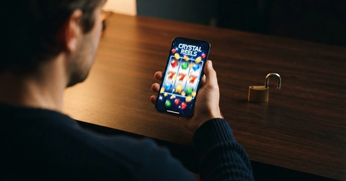 Écran de smartphone affichant une machine à sous en ligne avec une bannière « 50 free spins sans dépôt » et un cadenas ouvert en arrière-plan
