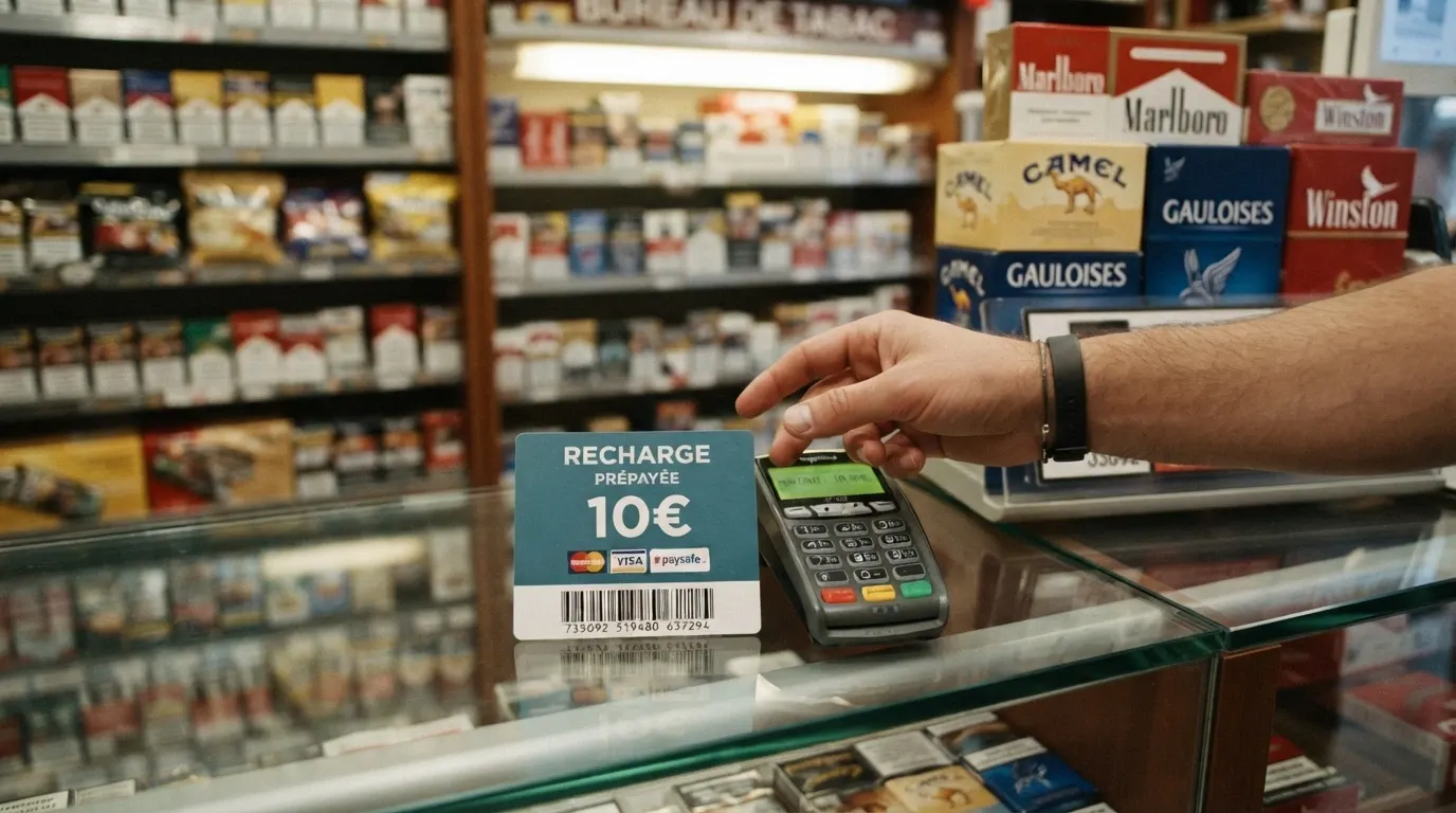 Une main tendant un billet au guichet d'un bureau de tabac, un bon CASHlib à côté du terminal de paiement