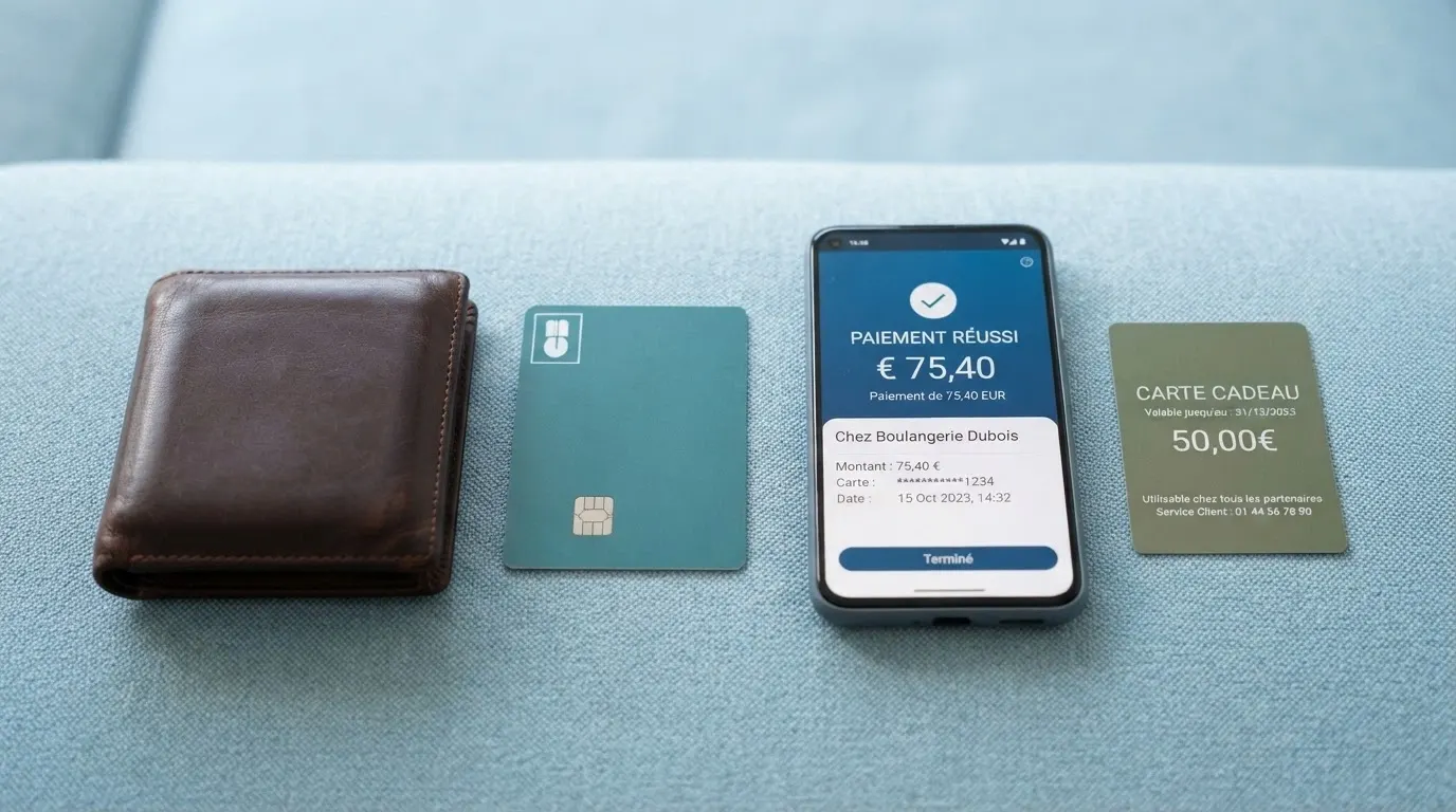 Un portefeuille, une carte bancaire et un téléphone affichant des logos de moyens de paiement (CB, PayPal, Skrill, Paysafecard) sur fond bleu