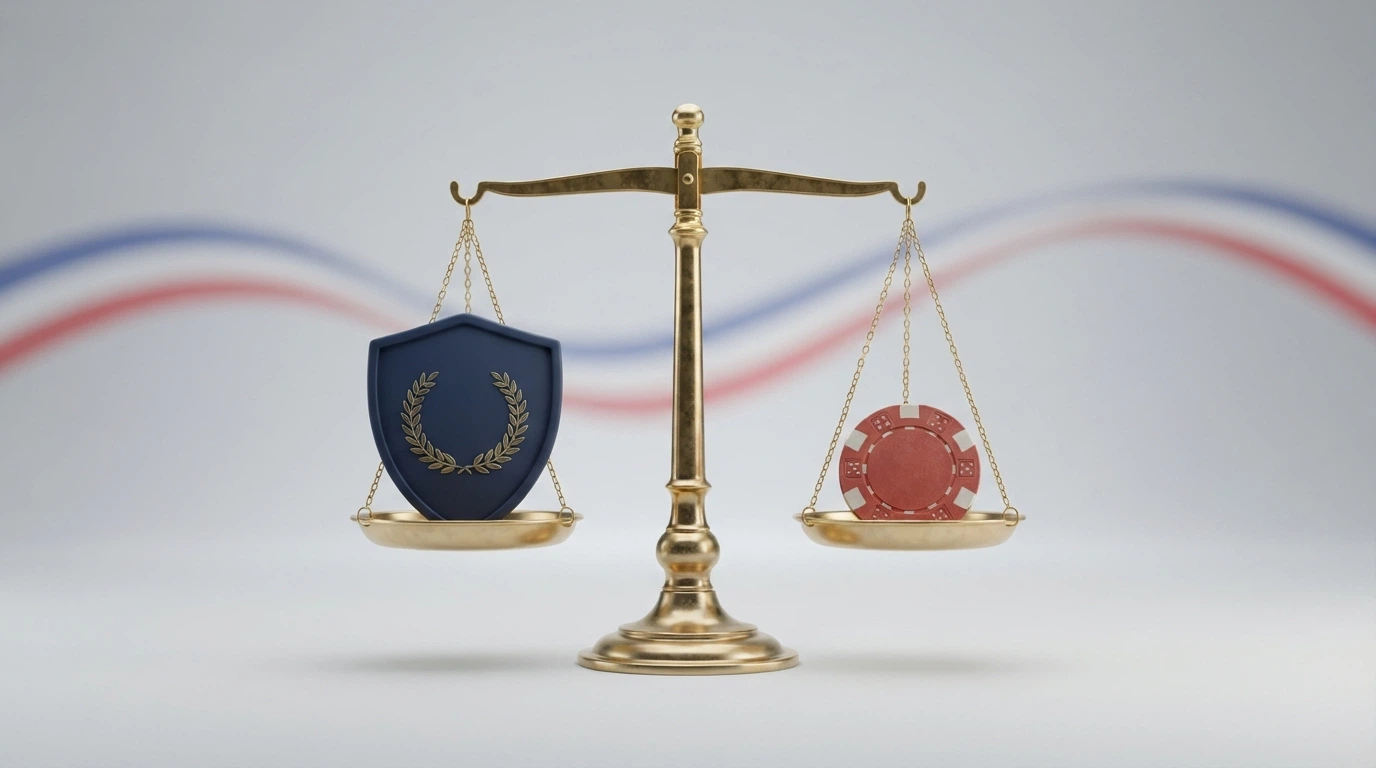 Le sceau officiel de l'ANJ à côté d'une balance symbolisant la protection juridique, avec en arrière-plan la Marianne républicaine