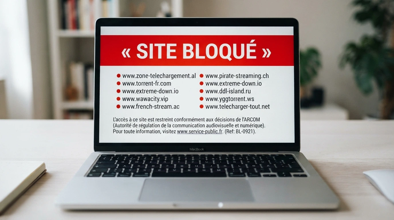 Le logo de l'ANJ sur un écran d'ordinateur, surmonté d'un bandeau rouge « site bloqué », avec la liste des sites interdits en arrière-plan flou