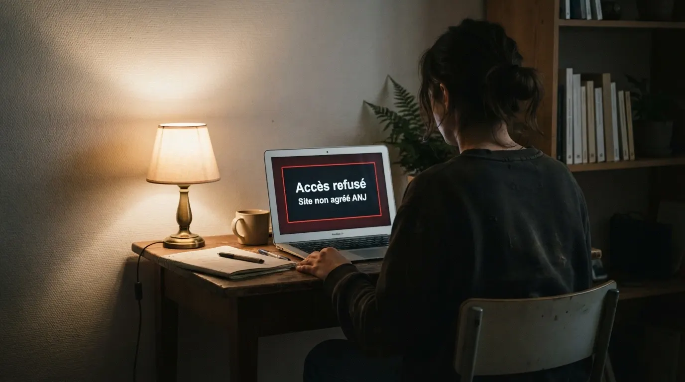 Un écran affichant la page d'accueil de l'ANJ avec le bandeau de mise en garde sur les sites illégaux, à côté d'une liste de sites bloqués