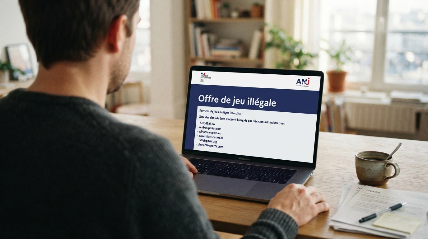 Capture d'écran de la page « Offre de jeu illégale » de l'ANJ listant les sites bloqués et déréférencés en France