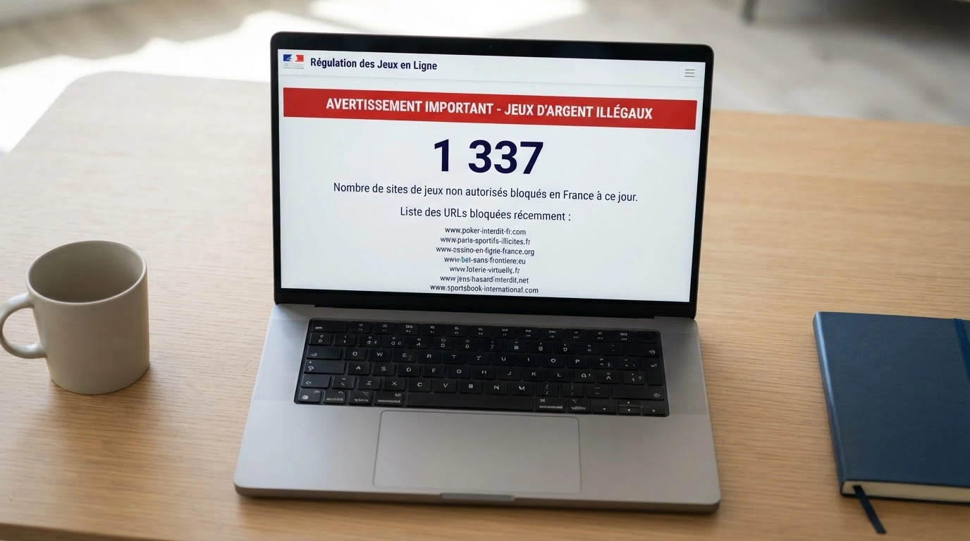 Capture d'écran du site anj.fr montrant la liste noire des sites de jeux bloqués et le compteur de 1 337 sites visés.
