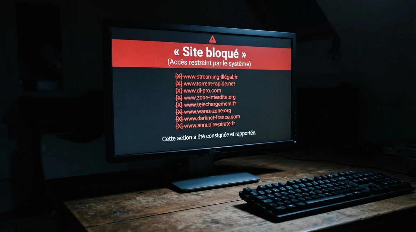 Un écran d'ordinateur affichant le logo de l'ANJ et la mention « Site bloqué » en rouge sur fond sombre, avec une liste d'URLs barrées qui défilent
