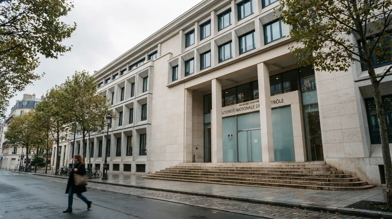 Façade moderne du siège de l'Autorité nationale des jeux à Paris, avec le logo ANJ visible