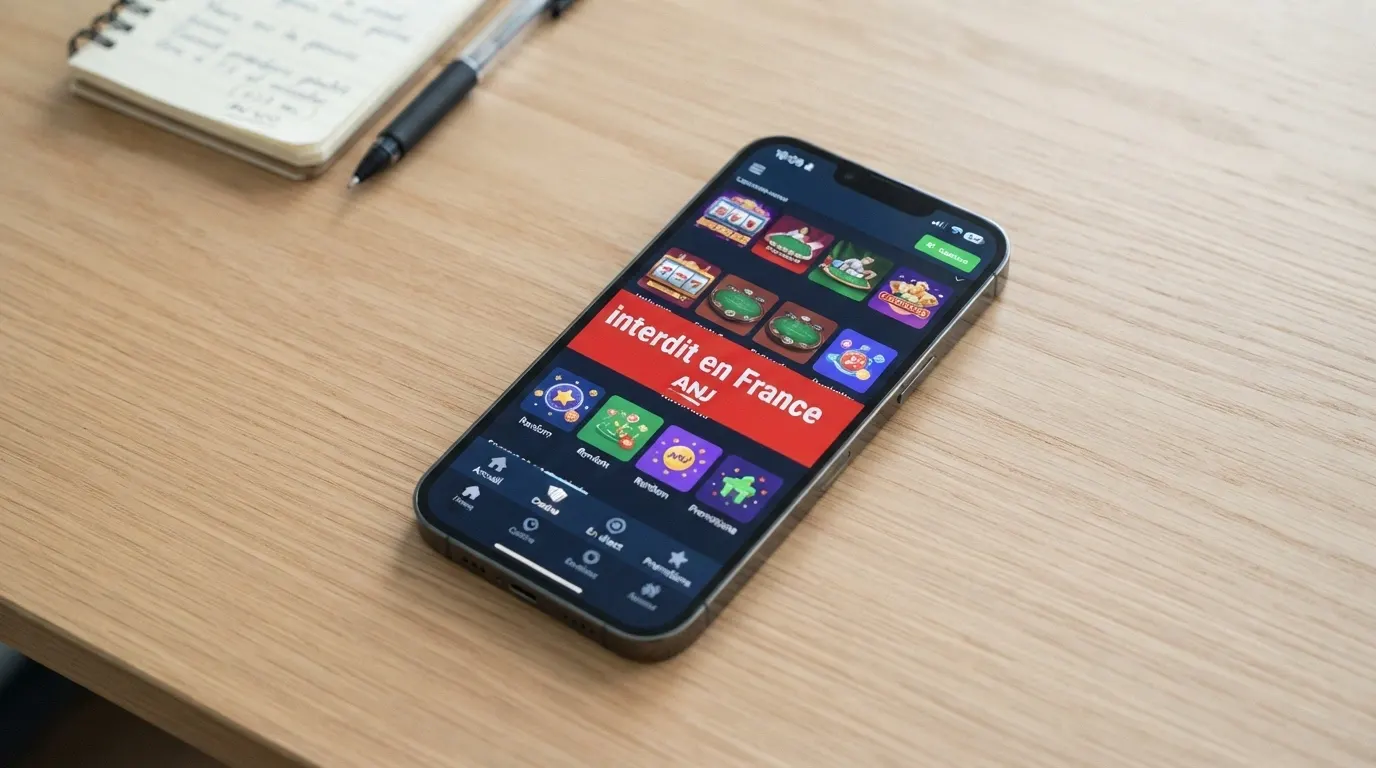 L'écran d'un smartphone affichant la page d'accueil d'un casino en ligne, barré d'un bandeau officiel rouge « interdit en France — ANJ »