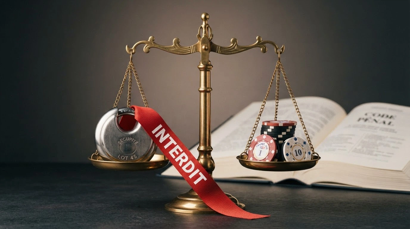 Une balance de justice dont un plateau porte le logo ANJ et l'autre une pile de jetons de casino ; le plateau ANJ est plus bas, barré d'un ruban « INTERDIT ». Au second plan, un article du code de la sécurité intérieure ouvert.