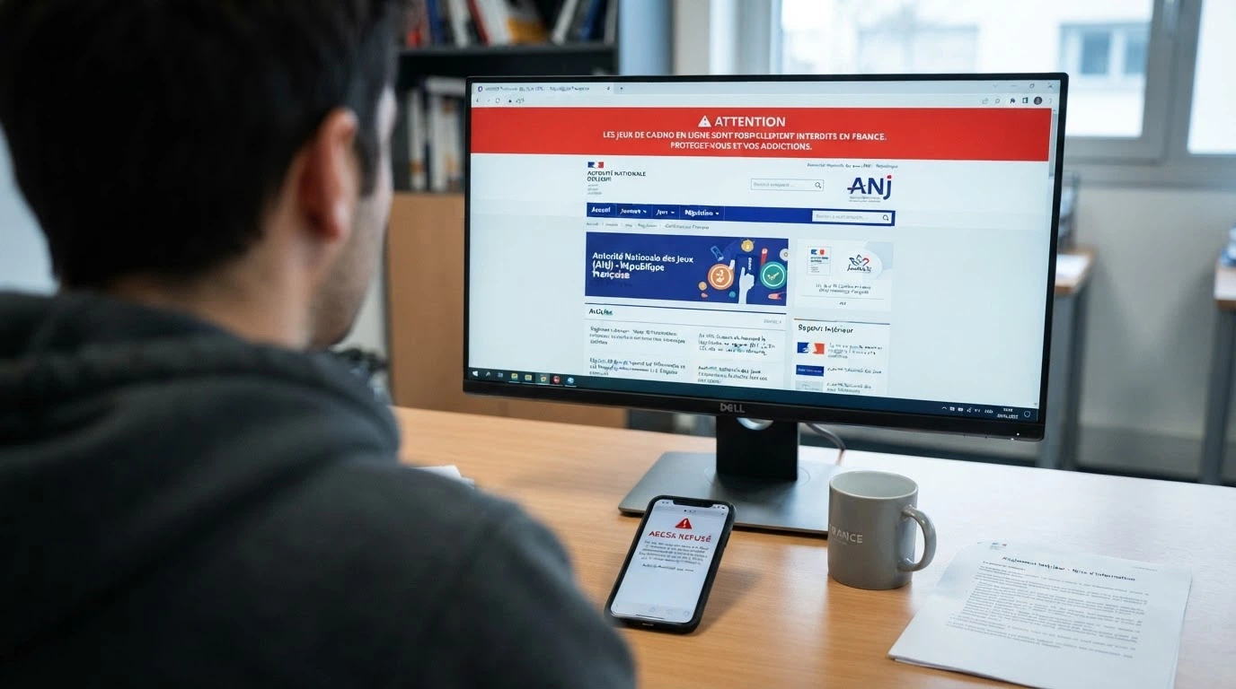 Page d'accueil du site anj.fr avec le logo de l'Autorité nationale des jeux et un bandeau d'avertissement sur les casinos en ligne illégaux