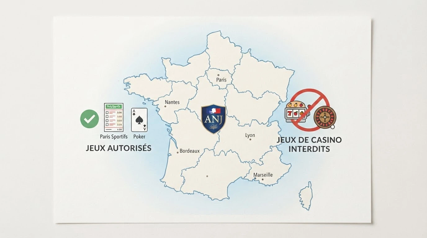 Une carte de France avec le marqueur de l'ANJ superposé et des icônes représentant les jeux autorisés (paris sportifs, poker) et interdits (slots, roulette)