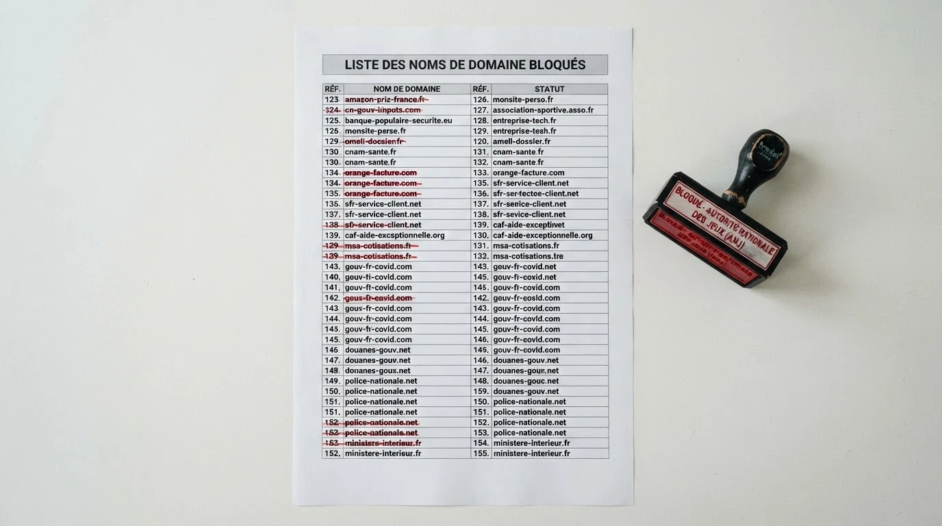 Capture d'écran de la liste noire publiée par l'ANJ montrant des noms de domaine bloqués et la date de l'ordre administratif