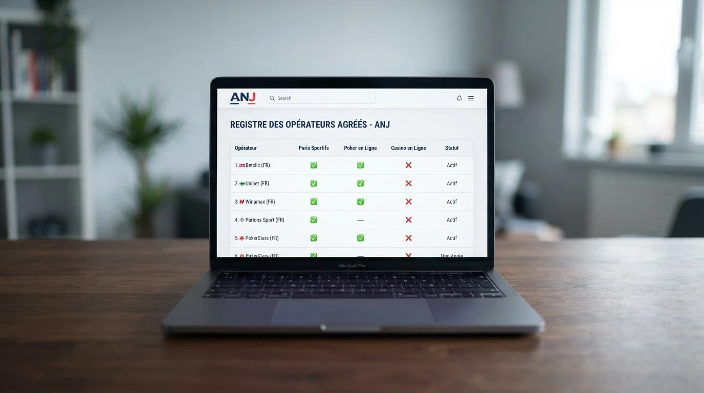 Capture d'écran de la page officielle de l'ANJ listant les opérateurs agréés, avec l'absence visible de toute licence de casino en ligne