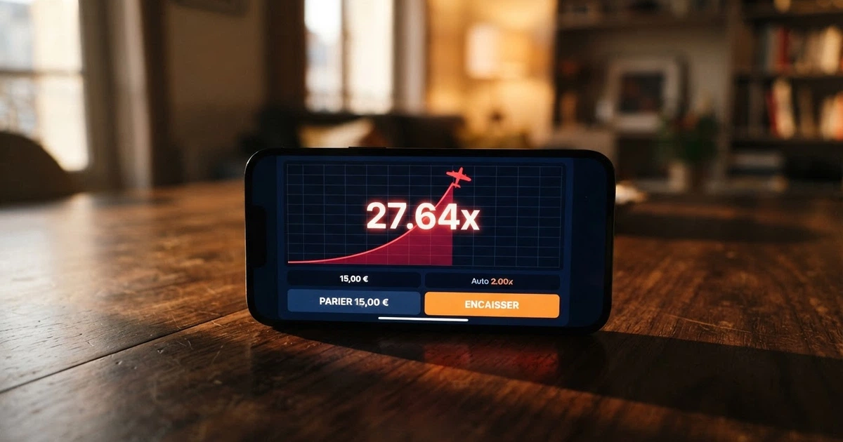 L'interface du jeu Aviator de Spribe avec l'avion en vol, le multiplicateur affiché en temps réel et les boutons de mise et de retrait