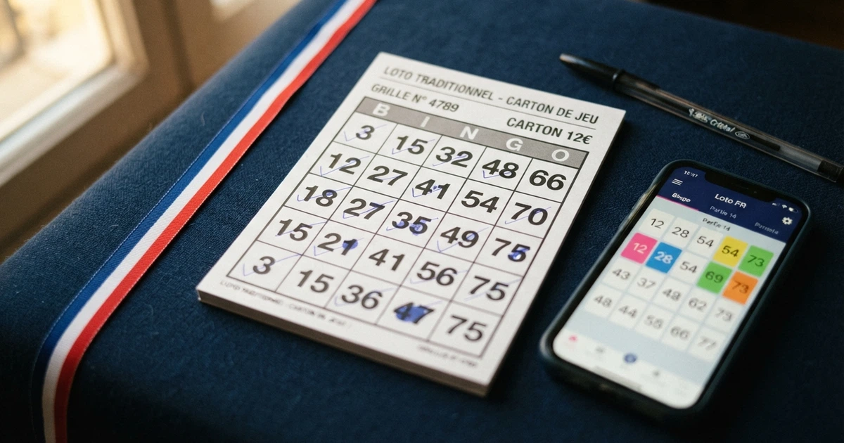 Une grille de bingo partiellement remplie posée sur un fond bleu marine aux accents du drapeau français, avec un téléphone affichant une interface de jeu en arrière-plan flou