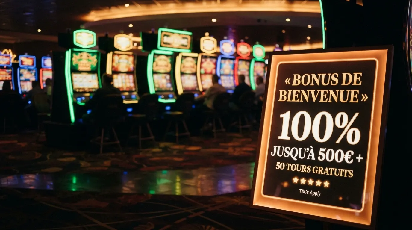 Bannière promotionnelle de casino affichant « bonus de bienvenue » avec un pourcentage et des tours gratuits, sur fond de machines à sous