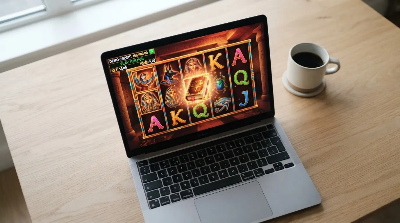 Écran du mode démo de Book of Ra montrant les rouleaux en action, le compteur de crédits virtuels et le livre doré au centre des molettes