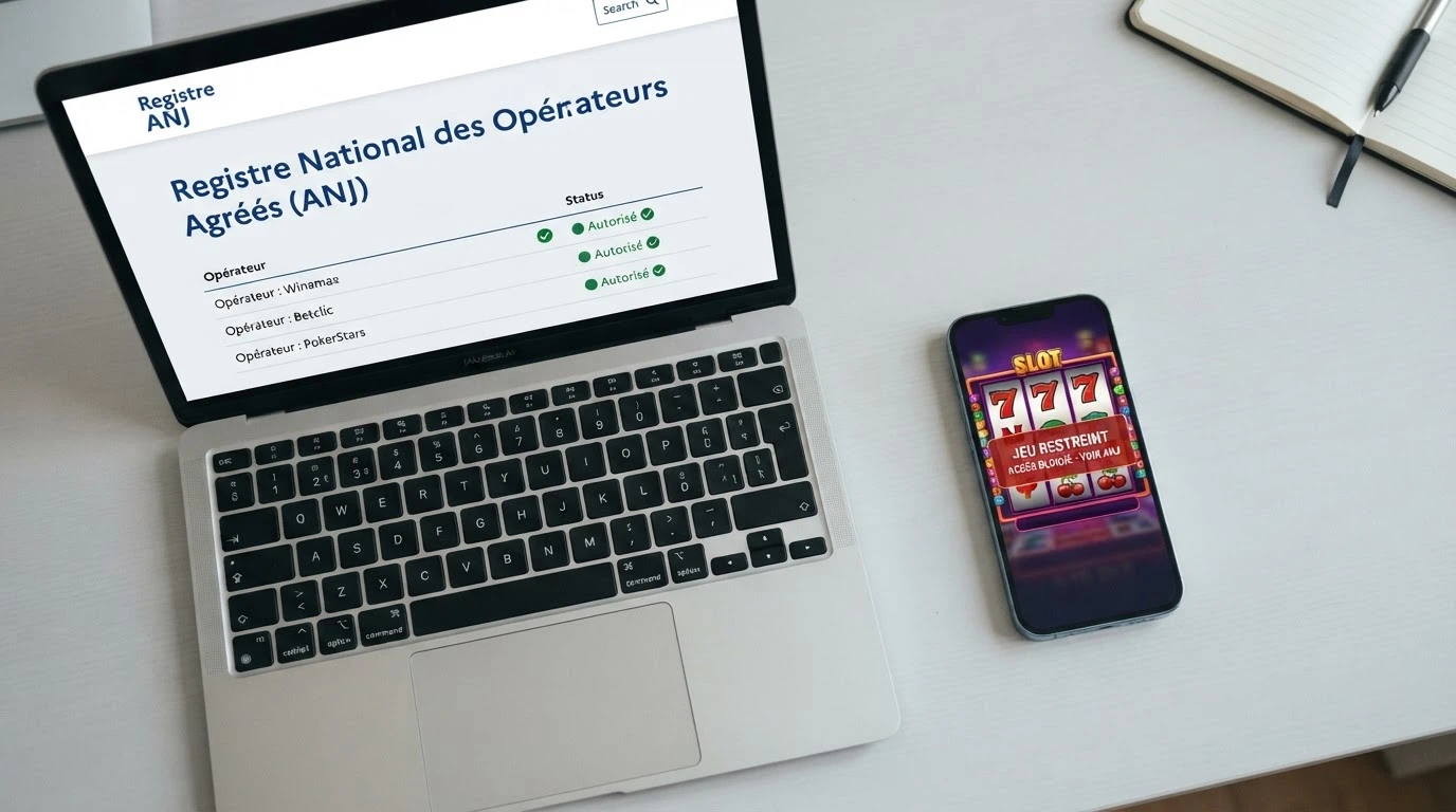 Un document officiel frappé du logo de l'ANJ posé à côté d'un smartphone affichant une application de casino barrée d'un symbole d'interdiction