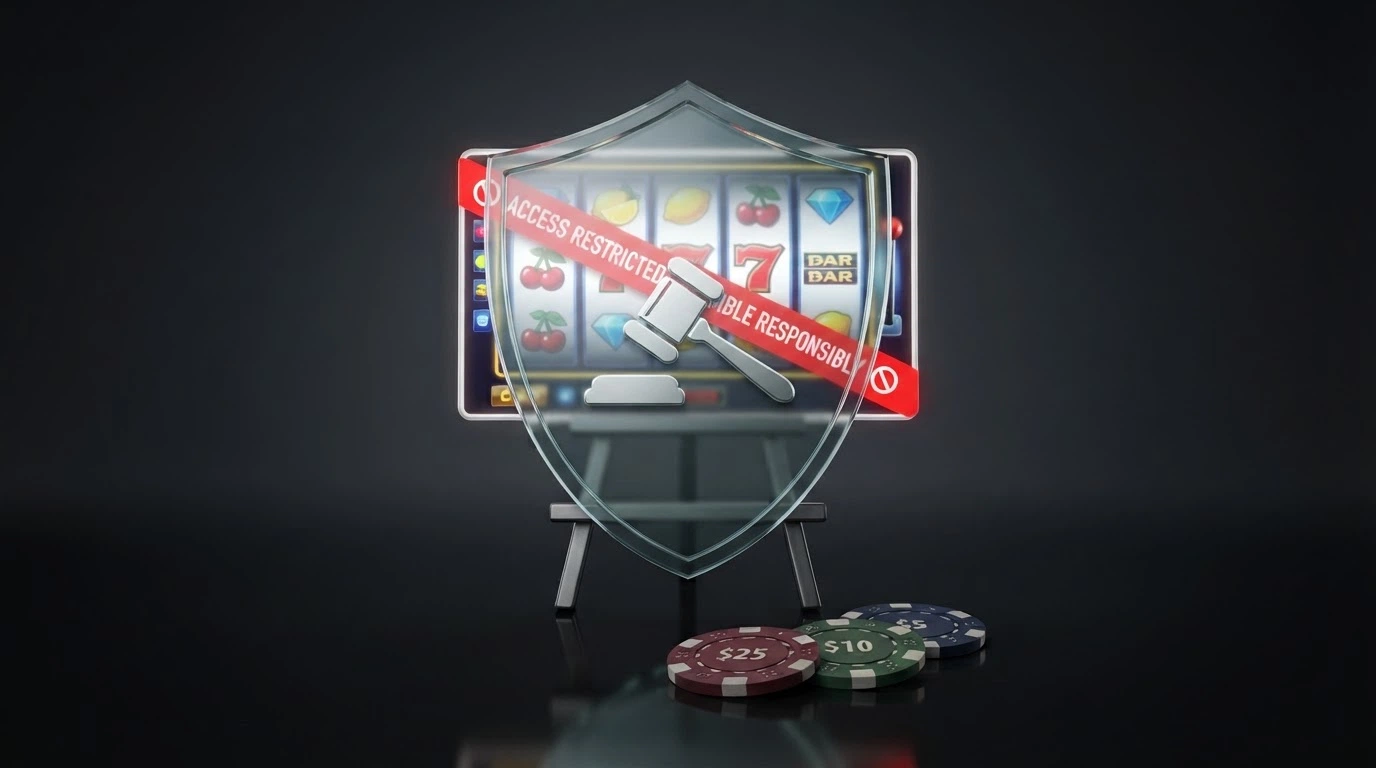 Un écran partagé entre le logo de l'ANJ et une interface de casino en ligne barrée d'un avertissement.
