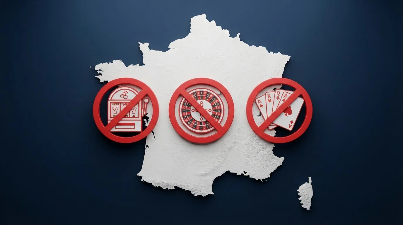 Une carte de France stylisée où se superposent des symboles de jeu barrés d'un trait rouge