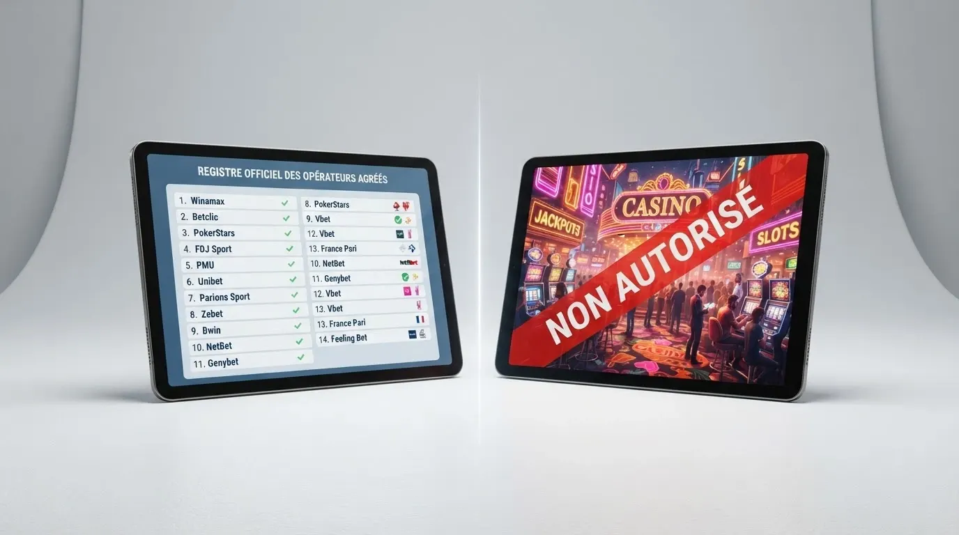 Un écran partagé en deux : à gauche, le site officiel de l'ANJ avec le registre des opérateurs agréés — à droite, un site de casino aux couleurs criardes barré d'une mention « non autorisé »