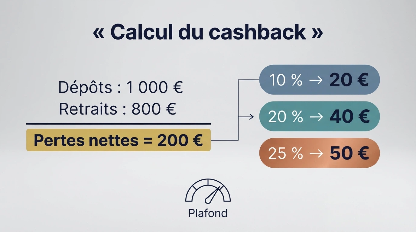 Schéma visuel montrant la formule pertes nettes = dépôts − retraits, avec un pourcentage de remboursement appliqué et un compteur de cashback