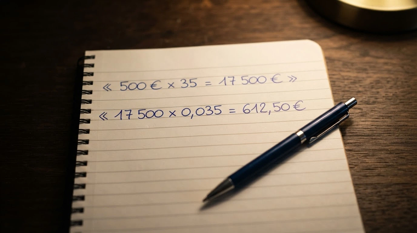 Une feuille de calcul manuscrite montrant la formule du coût réel d'un bonus : montant × wagering × (1 − RTP)