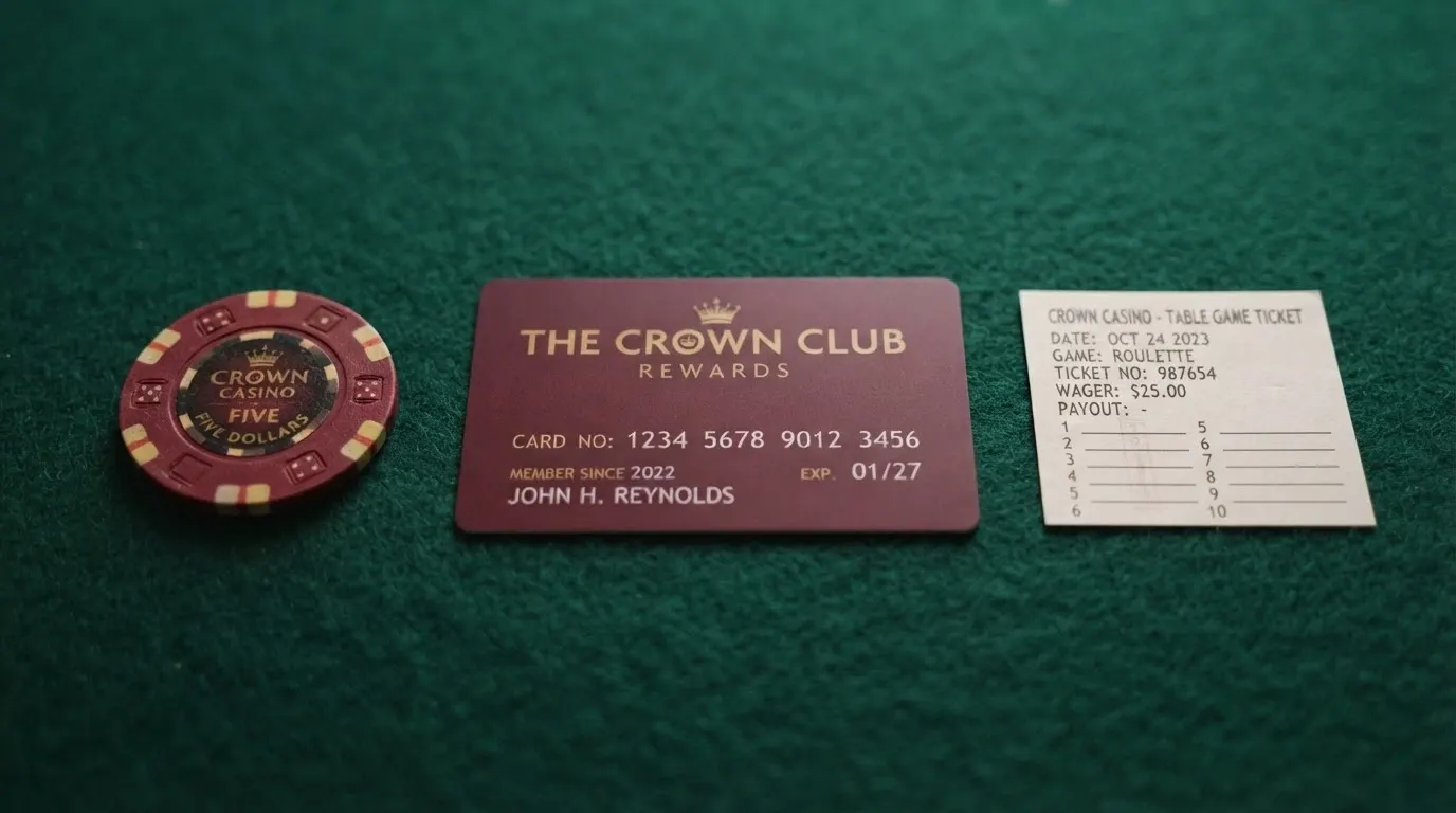 Une carte de fidélité de casino posée à côté d'un jeton et d'un ticket de jeu