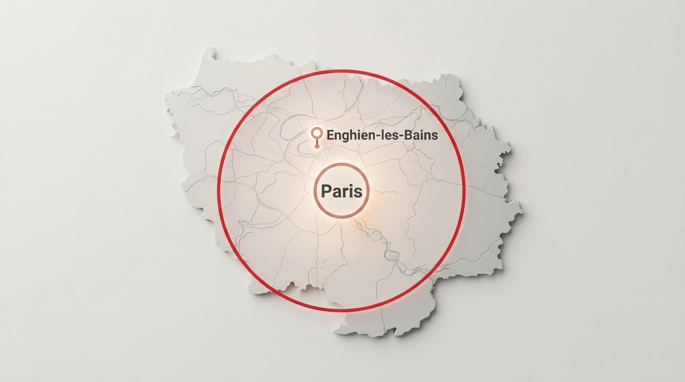 Une carte schématique de l'Île-de-France avec un cercle de 100 km autour de Paris, Paris au centre, Enghien-les-Bains marqué comme seul casino dans le rayon