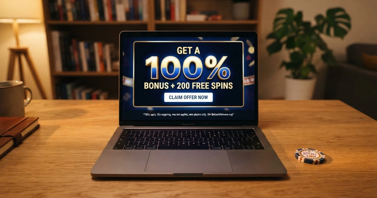Page d'accueil d'un casino en ligne affichant une offre de bonus de bienvenue 100 % jusqu'à 500€, avec le pourcentage en gros caractères et les conditions en petits caractères