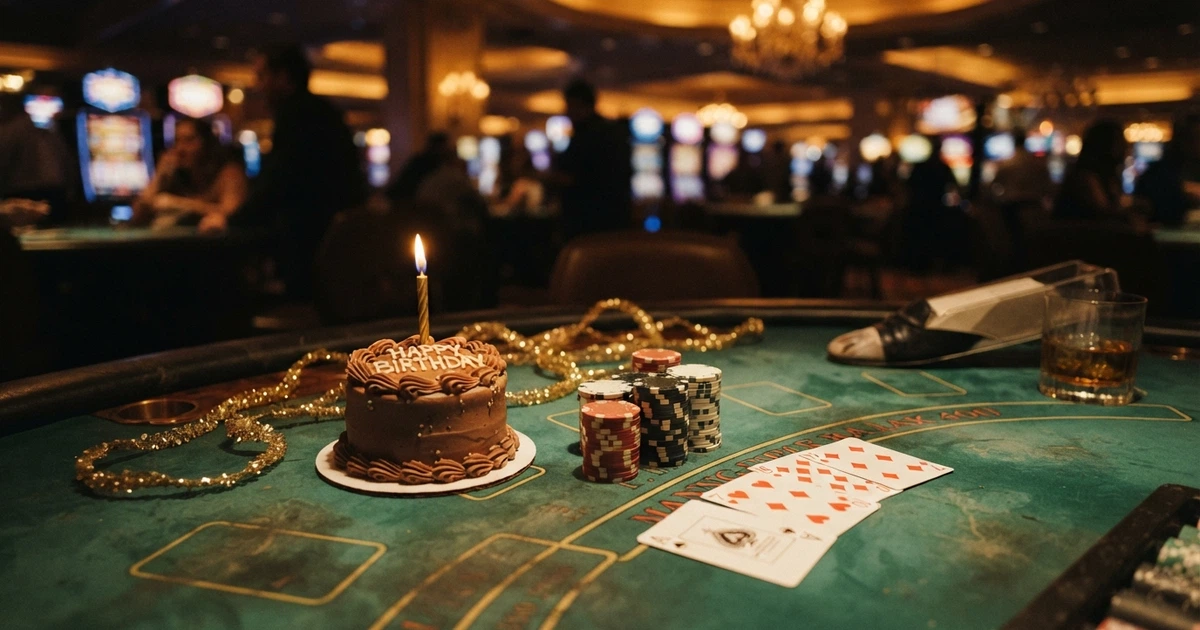 Une table de casino illuminée avec des jetons, des cartes et un cadre festif d'anniversaire (guirlande, petit gâteau) posé à côté des mises