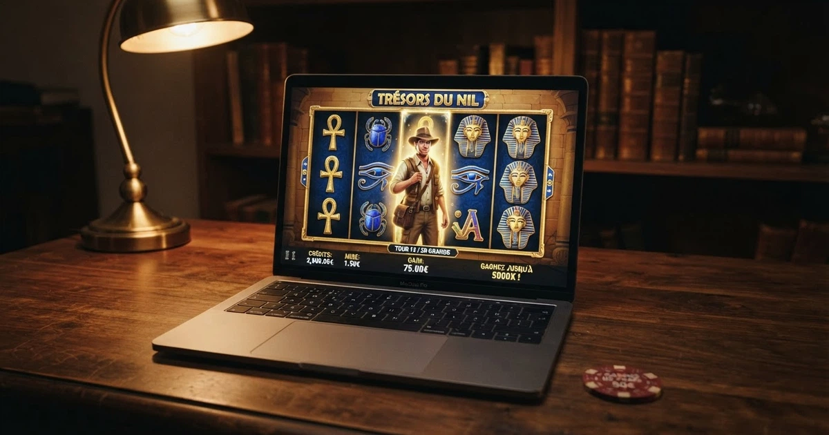 Machine à sous Book of Dead affichée sur l'écran d'un ordinateur portable, rouleaux visibles avec les symboles égyptiens, le personnage de Rich Wilde en vignette et le logo du jeu