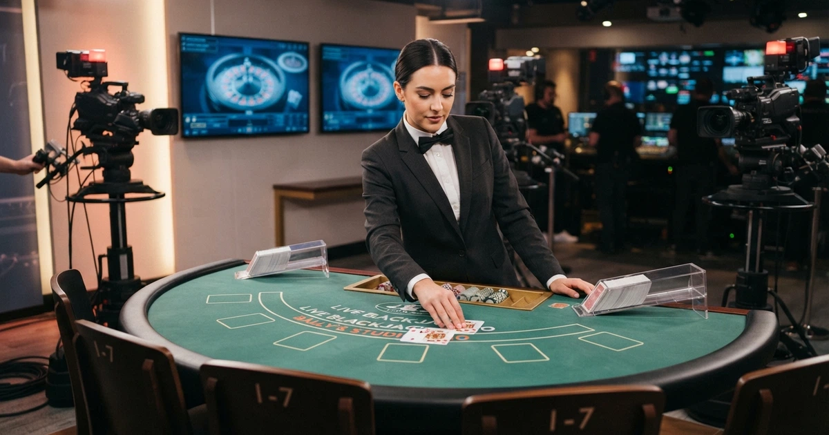 Une croupière en tenue professionnelle anime une table de blackjack dans un studio de casino en direct, écrans et caméras visibles en arrière-plan