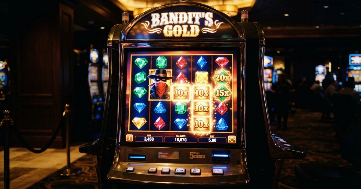 Capture d'écran de la machine à sous Le Bandit de Hacksaw Gaming affichant sa grille 6×5 colorée avec les symboles de bandit, les cases dorées et le bandit masqué