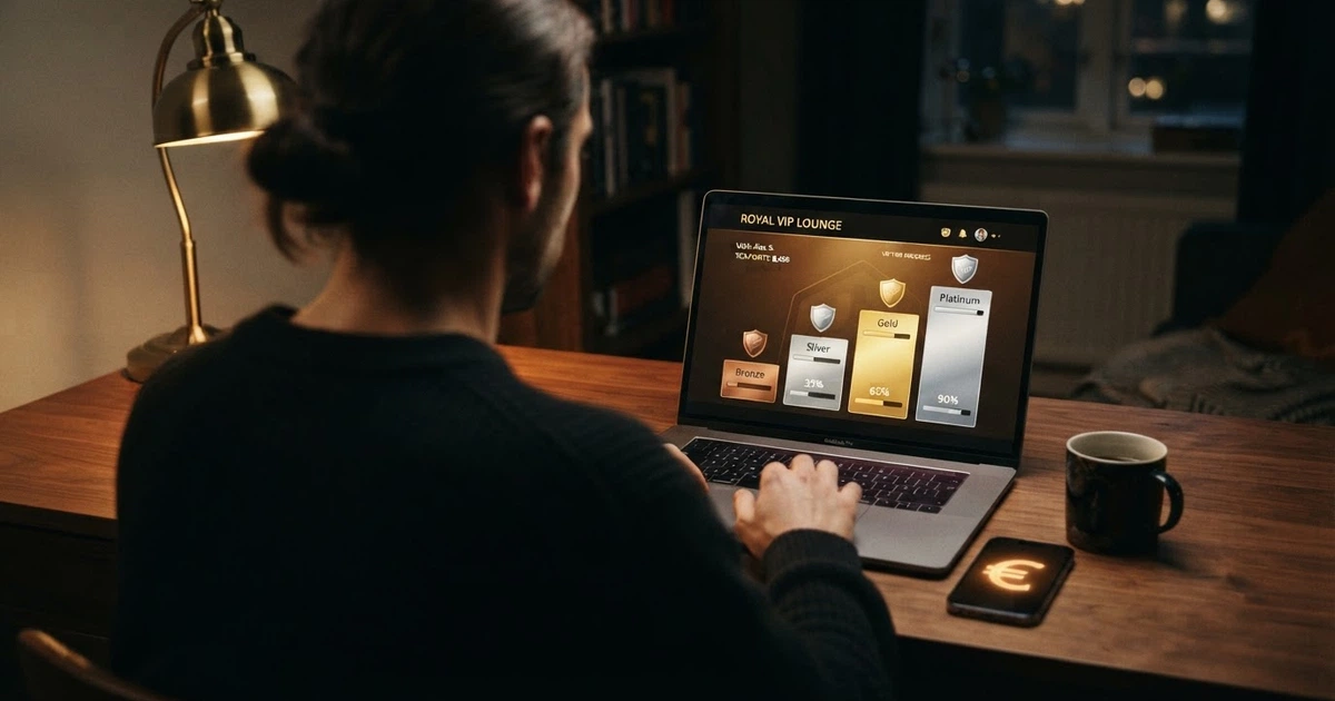 Un joueur consultant une interface de casino en ligne affichant des paliers VIP, une icône de statut et des récompenses exclusives