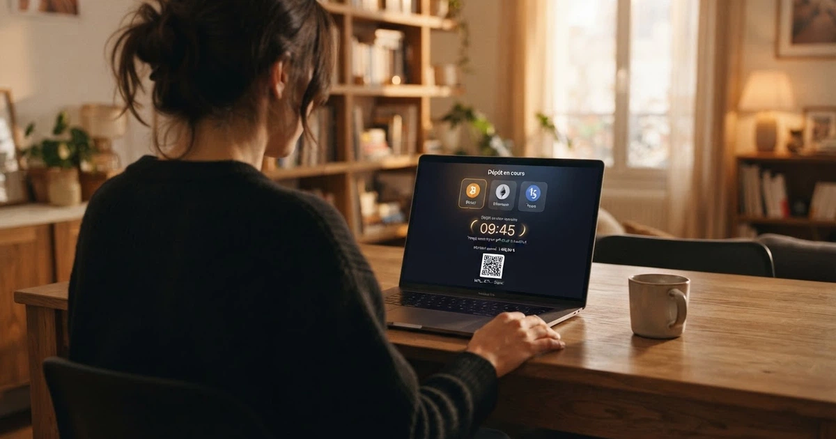 Interface de casino en ligne affichant un menu de dépôt avec les options Bitcoin, Ethereum et Litecoin, à côté d'une section « retrait » indiquant un délai annoncé de moins de 10 minutes