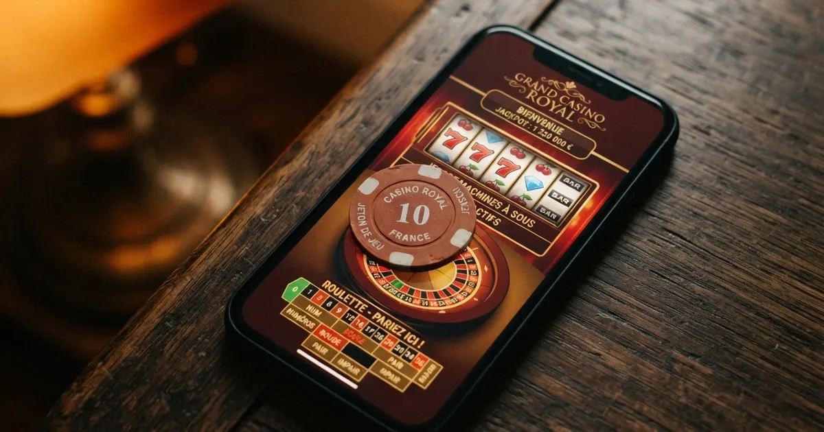 Une pile de pièces de 1 euro posée sur un écran de smartphone affichant la page d'accueil d'un casino en ligne