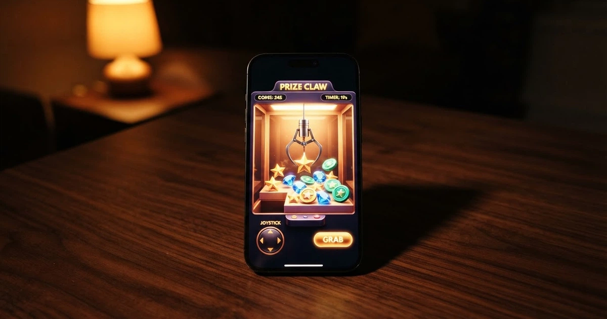 Une machine à griffes virtuelle de casino en ligne affichant des symboles de prix (argent réel, bonus, tours gratuits) au-dessus d'une grue numérique