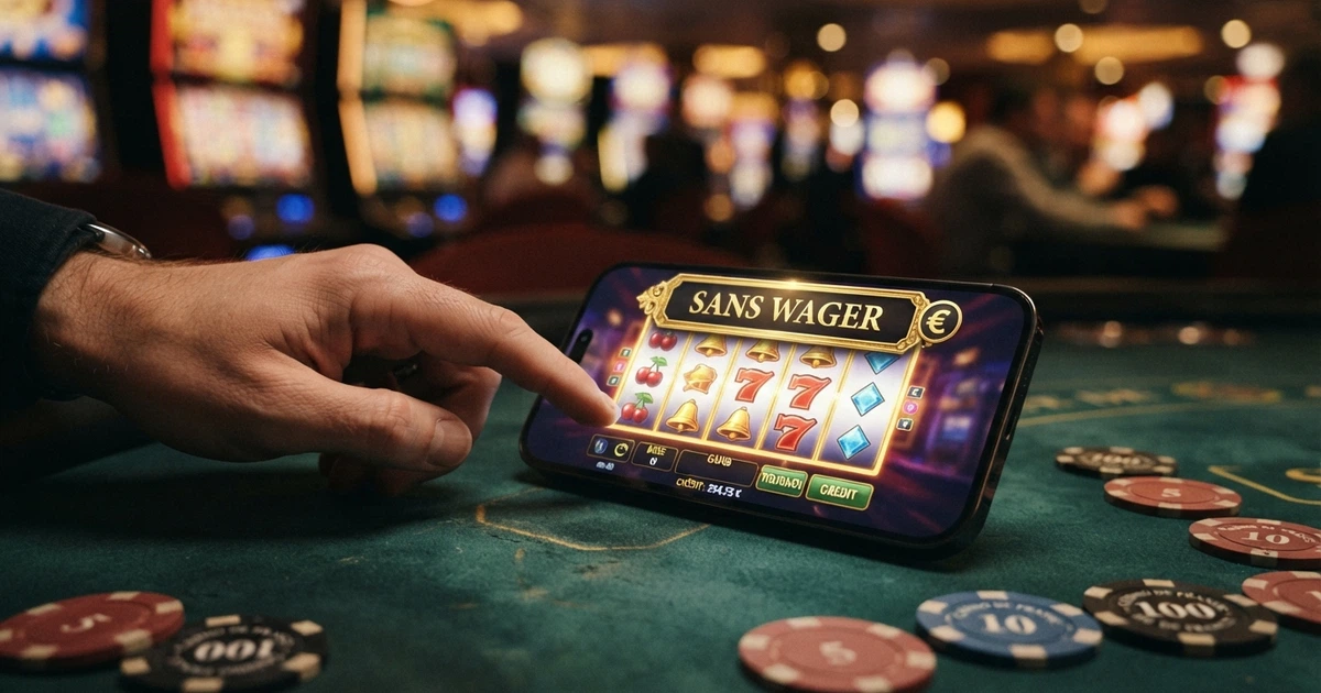 Interface d'un casino en ligne mettant en avant une bannière de bonus sans condition de mise, sur fond d'écran de jeux