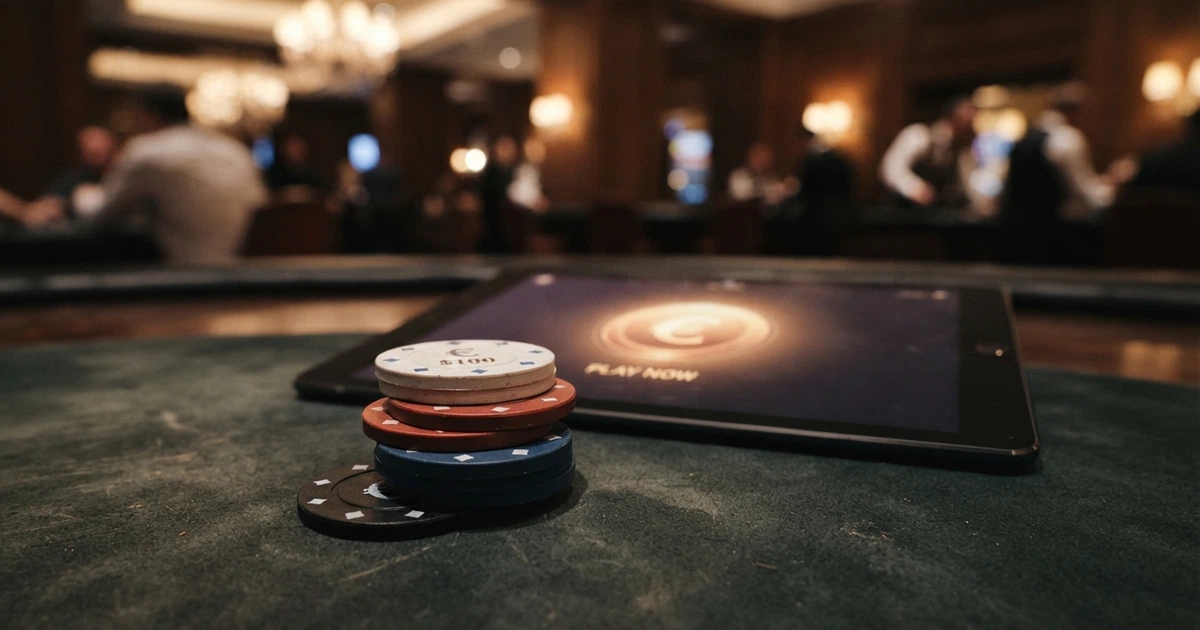 Quatre pièces de monnaie empilées (1 €, 5 €, 10 €, 20 €) sur l'écran de dépôt d'un casino en ligne, avec un bouton « Déposer » illuminé