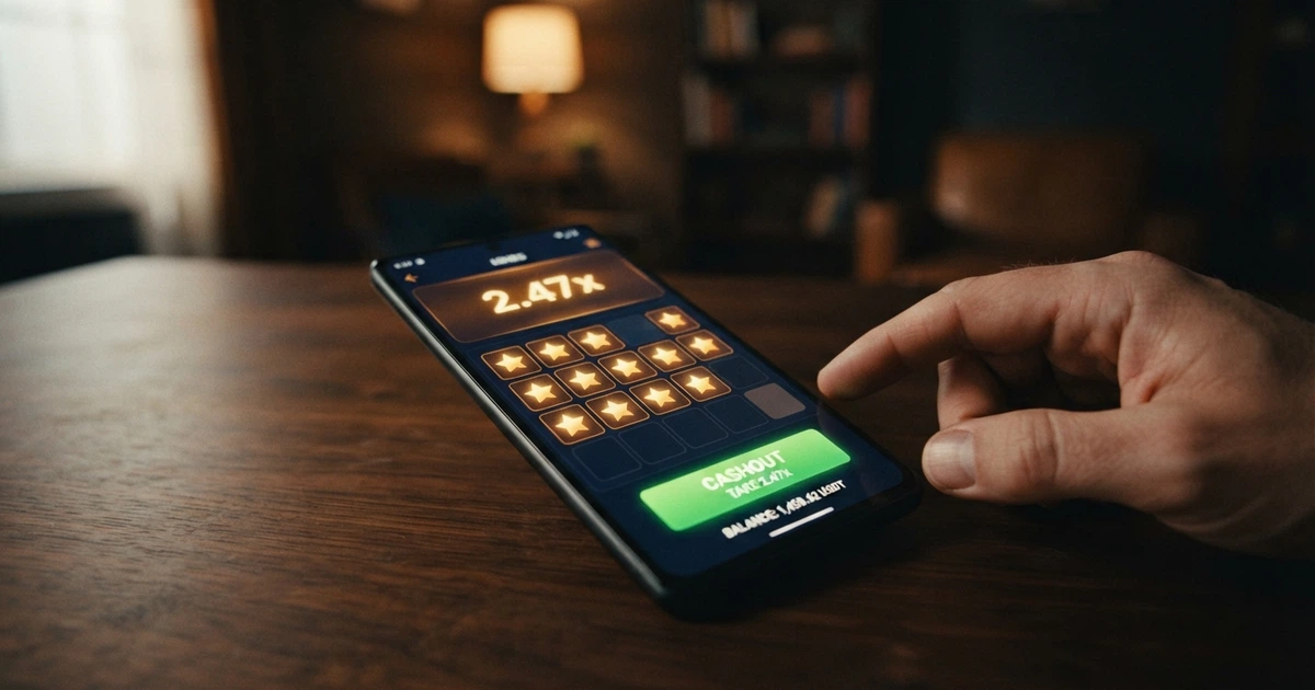 Interface du jeu de mines de casino sur une grille 5×5 avec des cases à retourner, des étoiles et un multiplicateur affiché