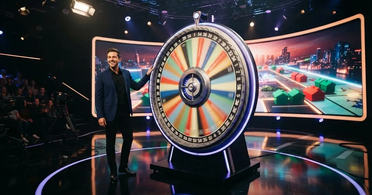 Une roue de casino en direct de type Monopoly Live avec un présentateur souriant devant un plateau coloré, des segments numérotés visibles sur la roue