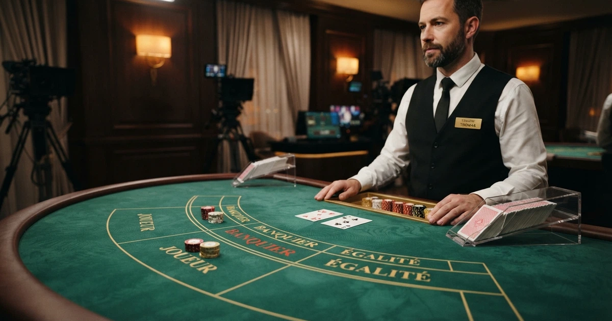 Une table de baccarat live filmée en plan large, avec un croupier en tenue professionnelle debout derrière un sabot de cartes, les zones de mise Joueur/Banquier/Égalité visibles au premier plan, dans un studio au décor feutré et élégant.