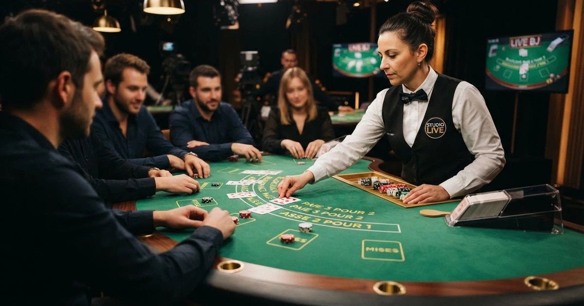 Une table de blackjack en direct filmée en plan large, avec un croupier qui distribue les cartes et l'interface de jeu visible à l'écran