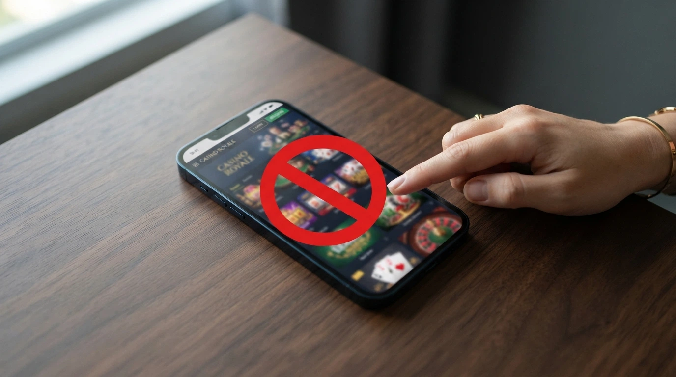 Un smartphone affichant une page de casino en ligne barrée d'un symbole d'interdiction
