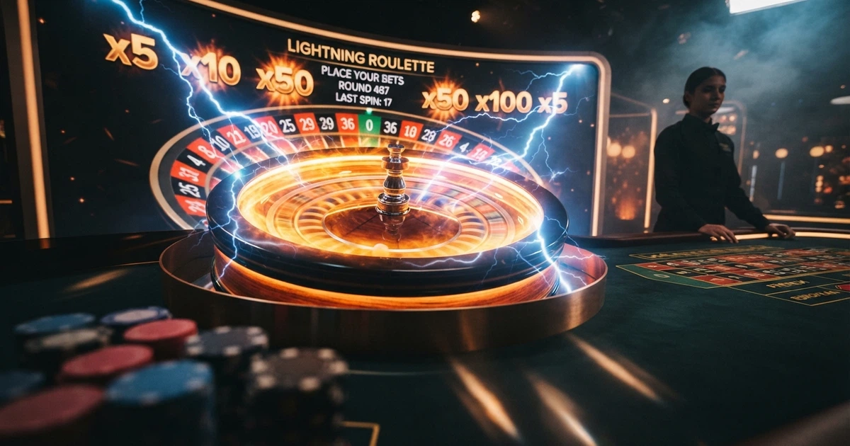 Une roulette européenne illuminée par des éclairs sur un écran de casino en direct, un croupier face caméra, des multiplicateurs dorés superposés aux numéros