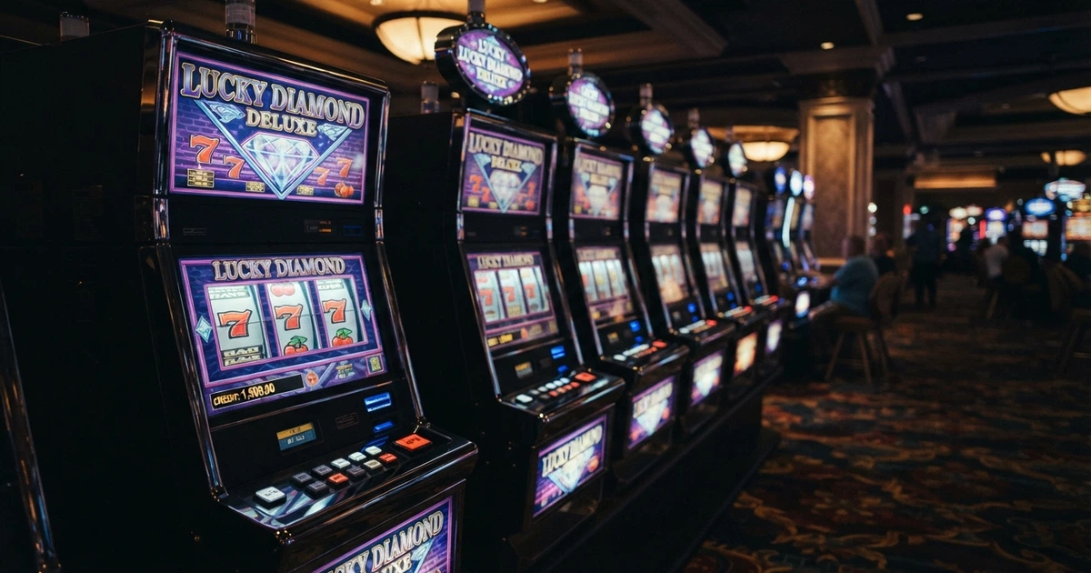 Une rangée de machines à sous Novomatic dans un casino terrestre, écrans illuminés, ambiance feutrée