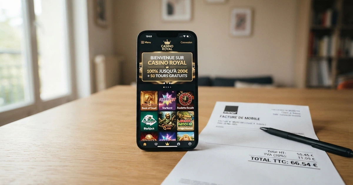 Un smartphone affichant la page d'accueil d'un casino en ligne, posé sur une table à côté d'un écran de facture de téléphone mobile
