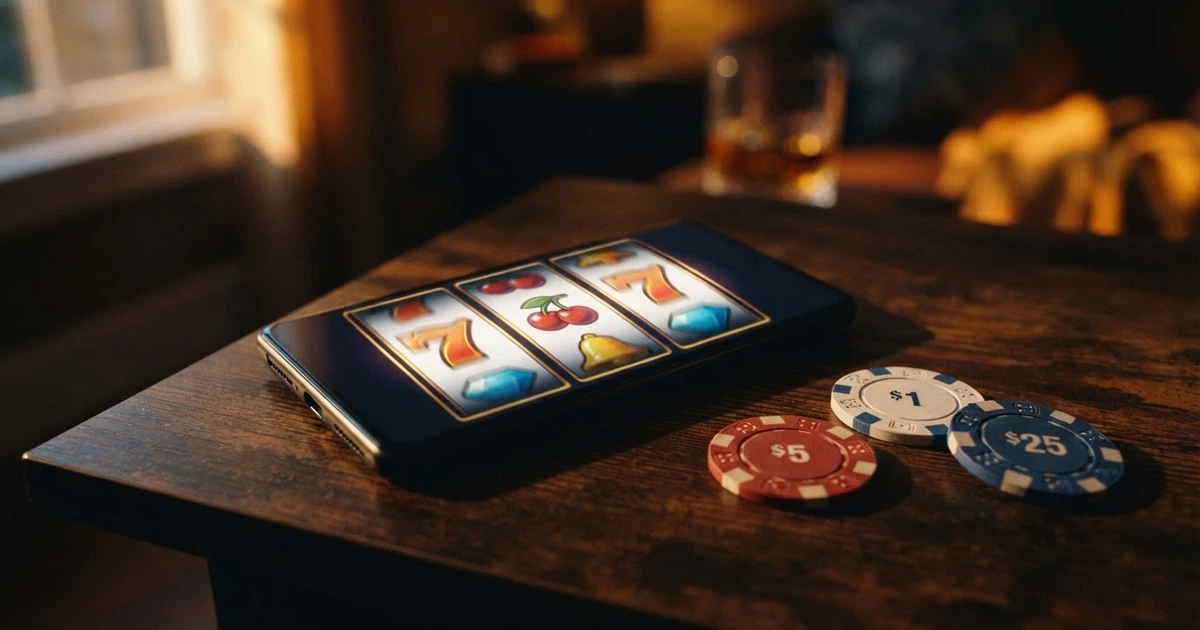 Illustration d'un écran affichant une sélection de casinos en ligne avec des symboles de machines à sous et de jetons