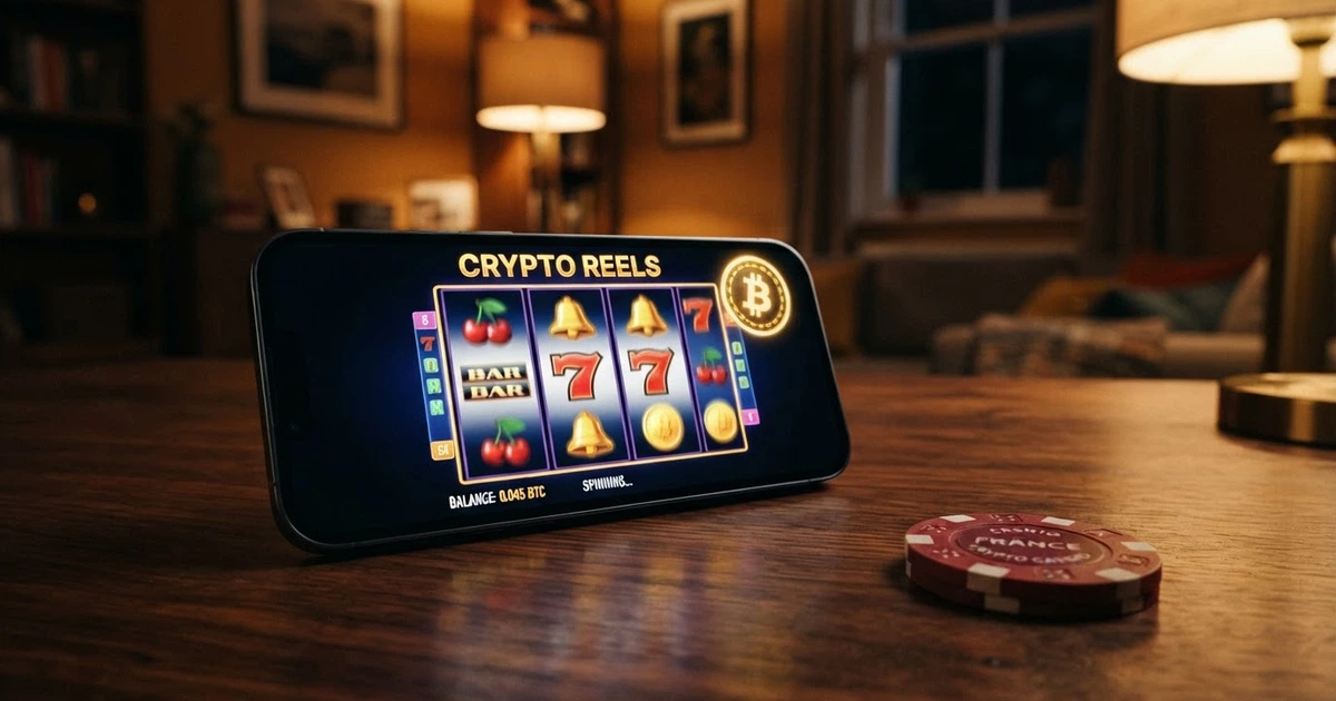 Interface de casino en ligne affichant une grille de machines à sous colorées et un sélecteur de crypto-monnaies avec le logo Bitcoin